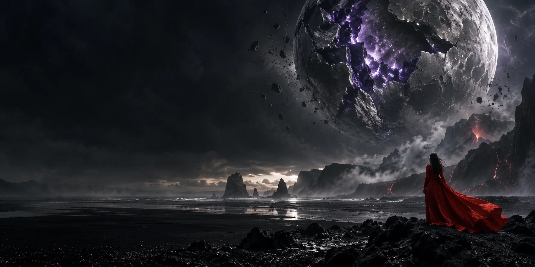 Concept artwork of a fractured moon above a cinematic landscape